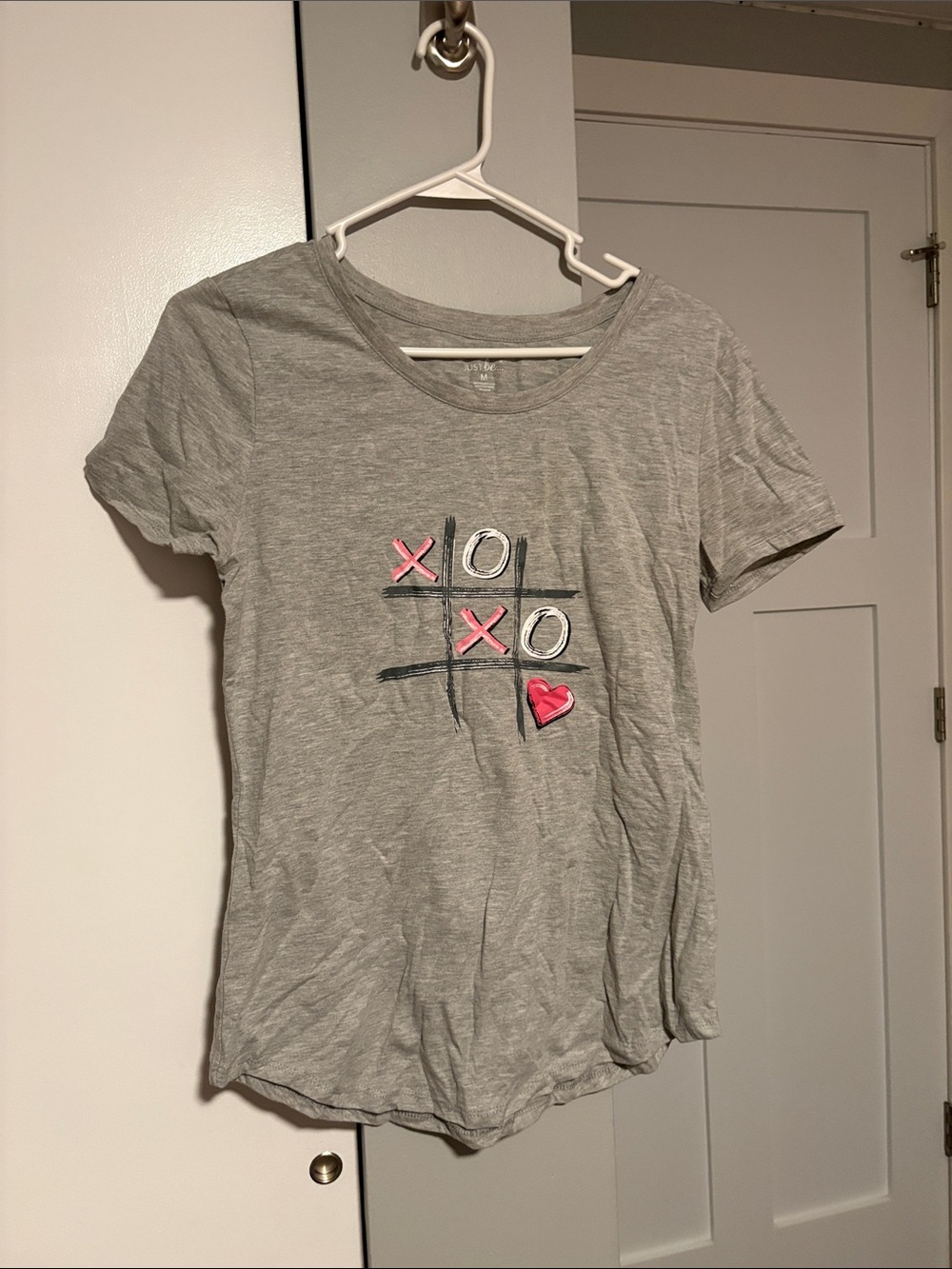 just be Gray Short Sleeve Tee with Pink & White Tic-Tac-Toe Graphic